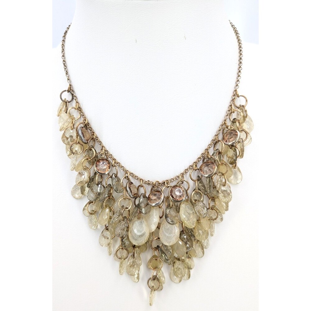 Unsigned Acrylic Leaf Fringe Bib Necklace Clear Cream Mixed Tone 19in 43g Chic